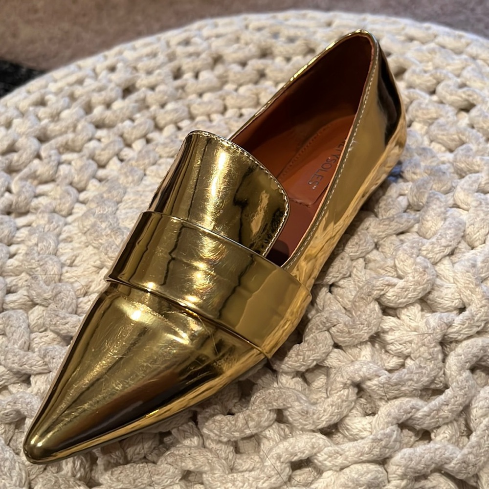 Gold pointed toe loafers